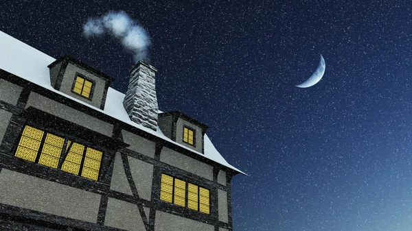 House with smoking chimney at snowfall night