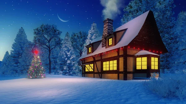 Illuminated rustic house and christmas tree at moonlight night