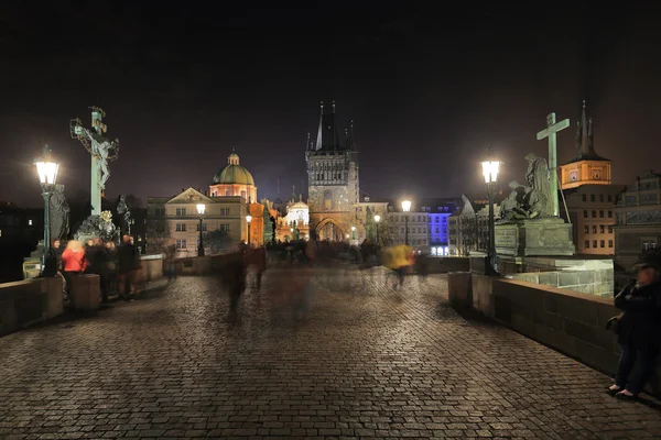 The night View on bright Prague Old Town from Charles Bridge, Czech Republic