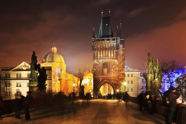 The night View on bright Prague Old Town from Charles Bridge, Czech Republic