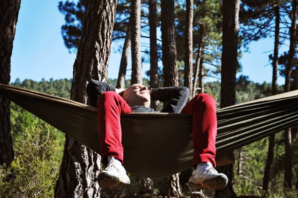 Spanish man resting in a hammock in the forest