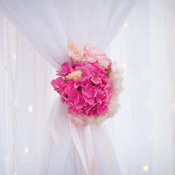 White curtain with pink flower