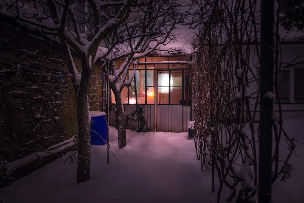 Yard Covered by Snow at Night