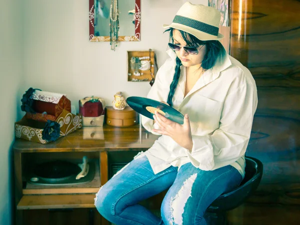 70s Fashion Girl with Sunglasses and Vinyl Player
