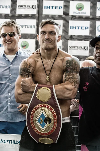 Olympic champion Aleksandr Usyk from Ukraine at the official weigh-in ahead the fight against Johnny Muller