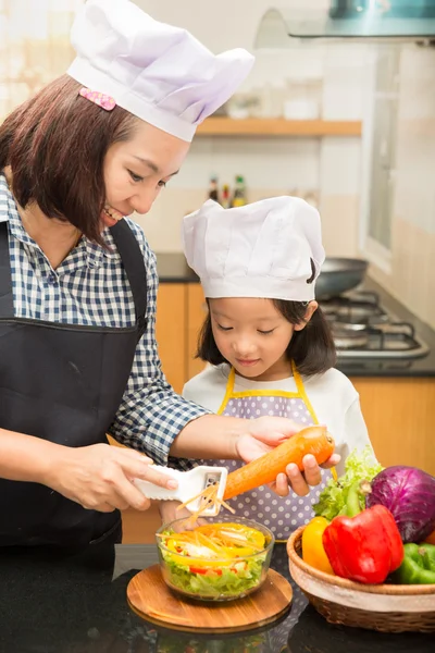 Asian mother teaching daughter making salad in kitchen,Cooking  Cooking  concept of happy asian little girl and mother making salad