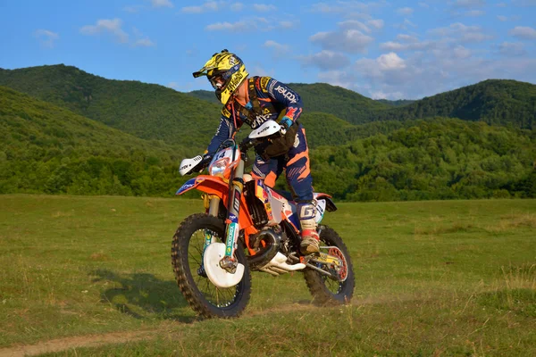 SIBIU, ROMANIA - JULY 18: Dawyne Kleynhans competing in Red Bull ROMANIACS Hard Enduro Rally with a KTM 250EXC-F  motorcycle. The hardest enduro rally in the world.