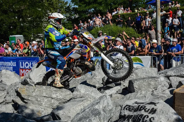 SIBIU, ROMANIA - JULY  12:  A copetitor in Red Bull ROMANIACS Hard Enduro Rally with a KTM motorcycle. The hardest enduro rally in the world. July 12, 2016 in Sibiu, Romania.  The prologue race