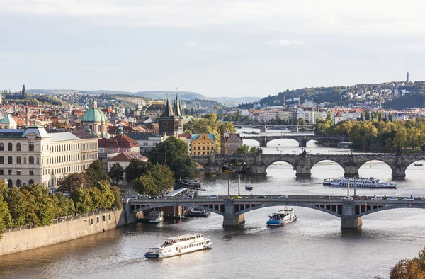 View of the Vltava River and bridges at sunset. Prague. Czech Republic.
