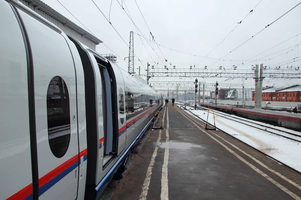 View car fast train with open inputs, Russia, St. Petersburg, January 29, 2015