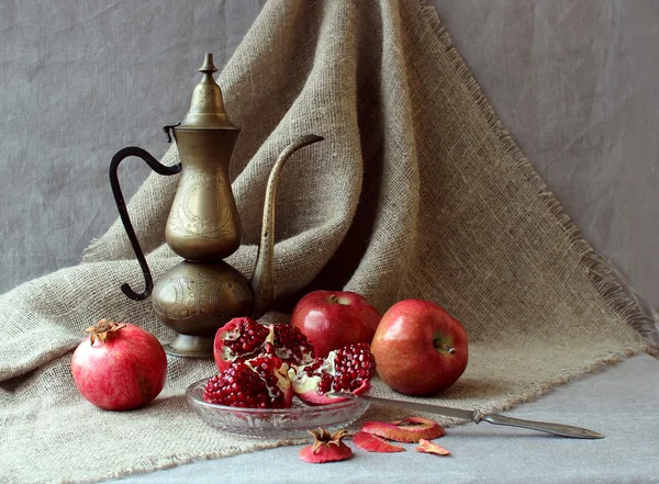 Still life with fruit and a kettle rarity.