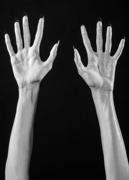White hands of death with black nails, white death, the devil's hands, the hands of a demon, white skin, halloween theme, black background, isolated