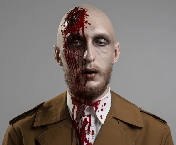 Bald man with a broken head, a bloody man with a beard and mustache, a bloody man with a brown coat and a white shirt, a bloody knife, a bald man, a head injury, bloody theme, halloween theme, killer