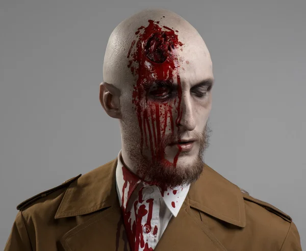 Bald man with a broken head, a bloody man with a beard and mustache, a bloody man with a brown coat and a white shirt, a bloody knife, a bald man, a head injury, bloody theme, halloween theme, killer