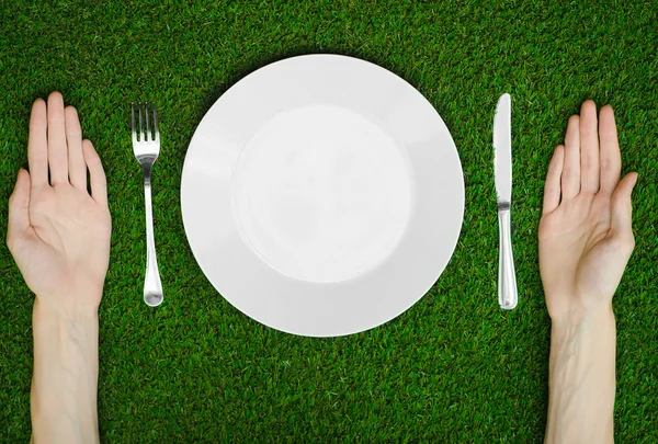 Restaurant and fresh fruit and vegetables on the nature theme: the human hand shows the plate on a background of green grass top view