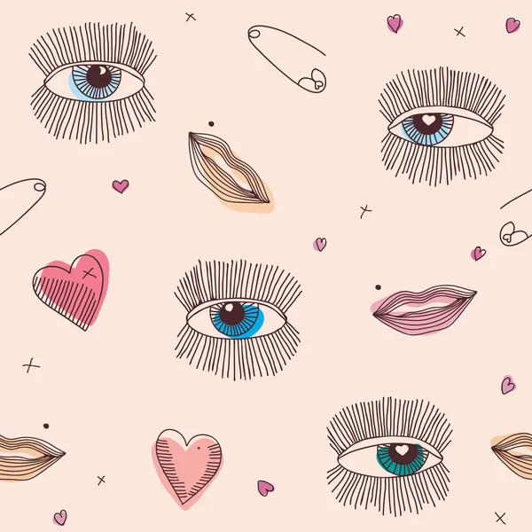 Seamless pattern of eyes, lips and hearts