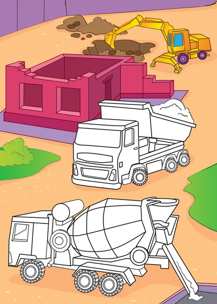 Coloring Book Of Cement Mixer, Truck And Excavator