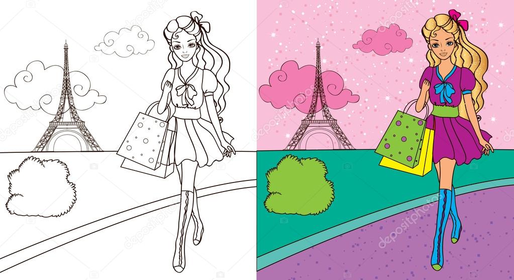 Livre de coloriage de fille Shopping — Image vectorielle #94453060