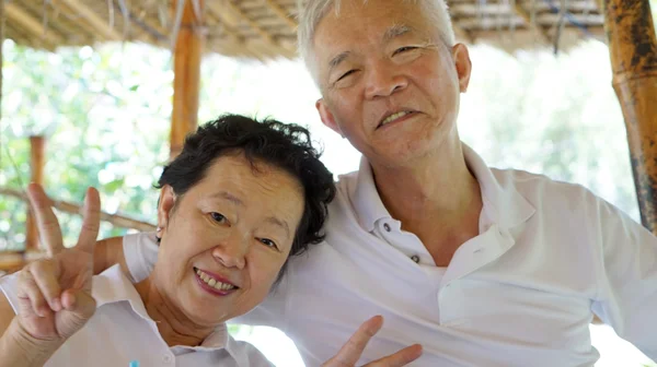 Happy Asian senior couple on white background love and hug