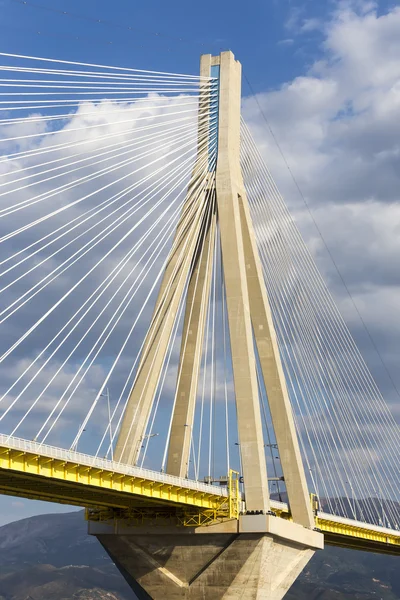 Cables and supports of bridge Rio-Antirio in Greece against blue