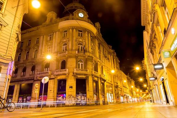 Tram trail in the streets of Zagreb at night in Zagreb, Croatia.
