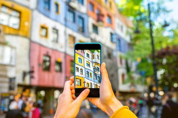 Photographing colorful building facade