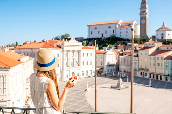 Woman traveling in Piran town