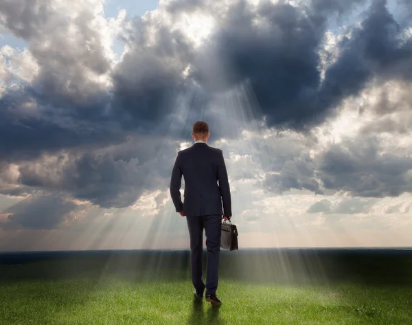 View rear of businessman on dramatic cloud scene background