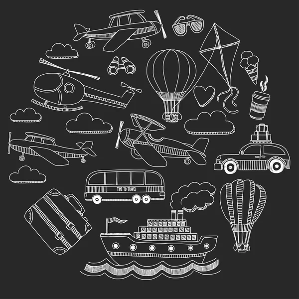 Vector doodle set of travel and transportation Car plane helicopter ballon ship