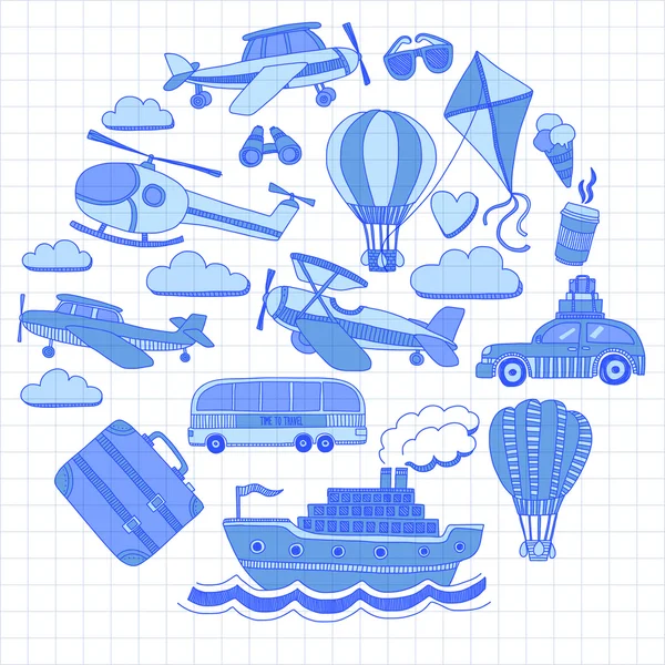 Vector doodle set of travel and transportation Car plane helicopter ballon ship