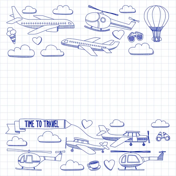 Vector doodle set of travel and transportation Car plane helicopter ballon ship