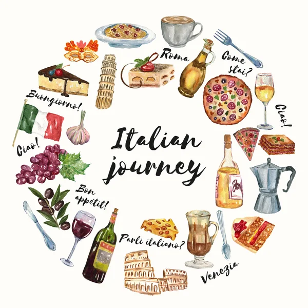 Italian journey Cuisine, food, culture, language Hello How are you Good morning Hand drawn watercolor set