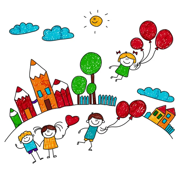 Illustrazione vettoriale di bambini felici che giocano con gli aerostati al cortile della scuola. Stile di disegno dei bambini — Vettoriale Stock #91090272