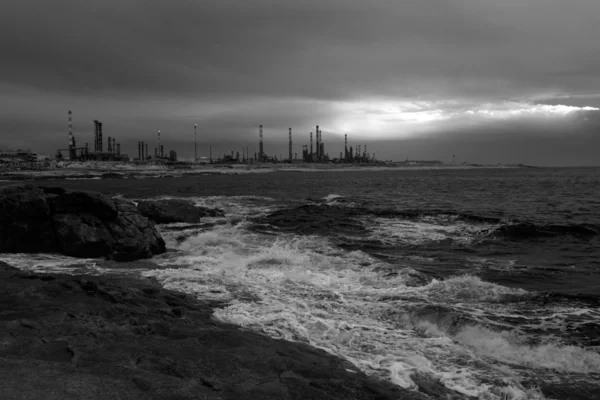Infrared oil refinery at dusk