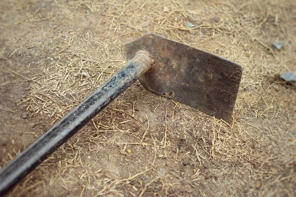 Small shovel for gardening on soil background