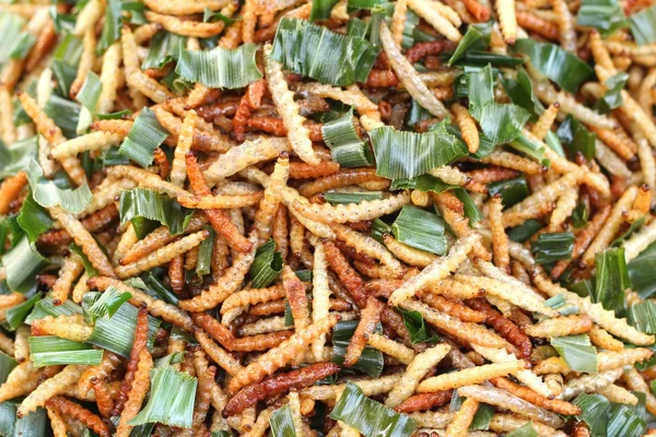 Fried silk worms in the market