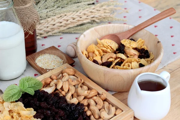 Corn flake with currant dried fruit ,cashew nuts and milk.