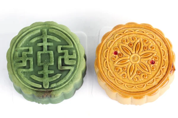 Moon cake green tea and durian filling on white background