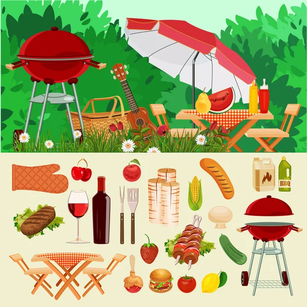 Vector illustration family picnic. Summer, spring barbecue and picnic icons set. Vintage style. Snacks, vegetables, healthy food. Party items, decorations.