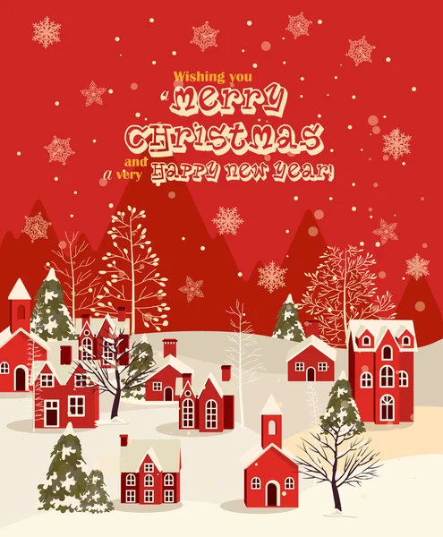 Christmas lettering greetings against a winter holidays landscape with snow-covered village - vector illustration