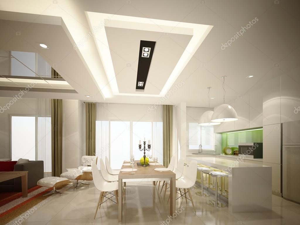 3d rendering av inre matsal och kök rum, 3d — stockfotografi ...