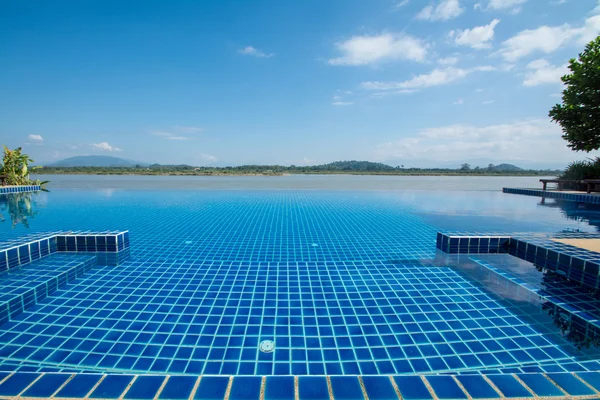 Swimming pool near Khong river with blue sky ,Chiangsan in Chiangrai ,Thailand