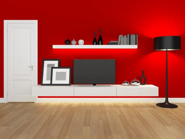 Red living room with tv stand and bookcase - rendering