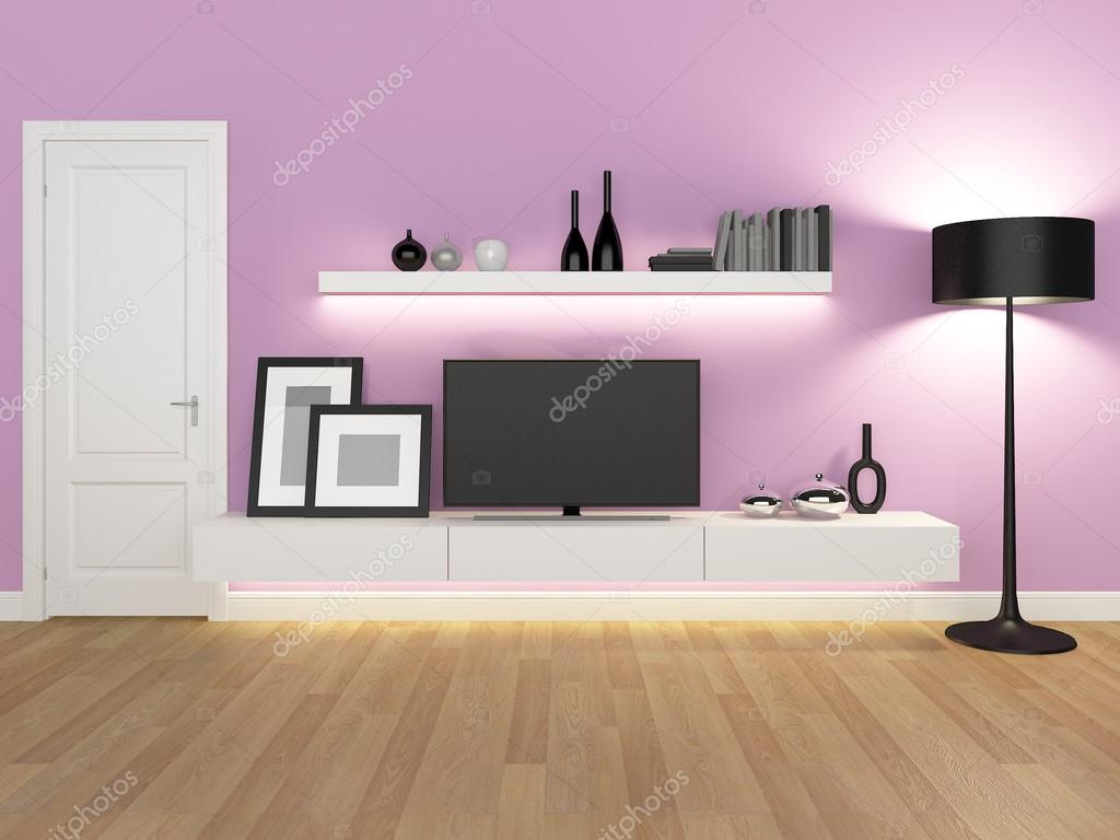 Roze woonkamer met tvs met drie schappen en boekenkast rendering ...
