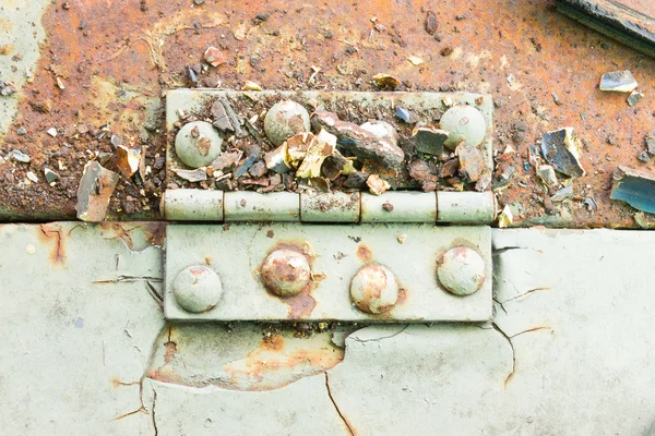 Hinge and Rust and Rivet on Old Light Green Metal Sheet Horizontal