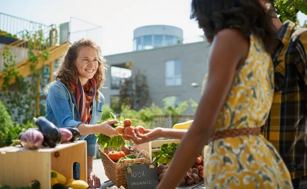 Friendly woman tending an organic vegetable stall at a farmers market and selling fresh vegetables from the rooftop garden