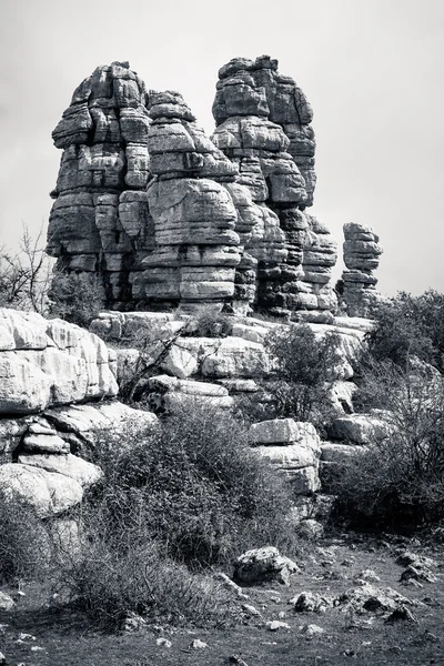 Karst rock formation in black and white.