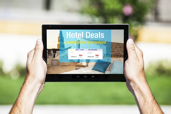 Hotel Deals on tablet. Web template design.
