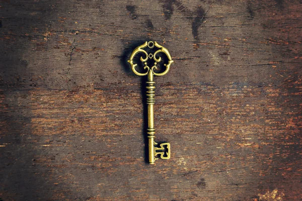 Old vintage key on wood texture background with space
