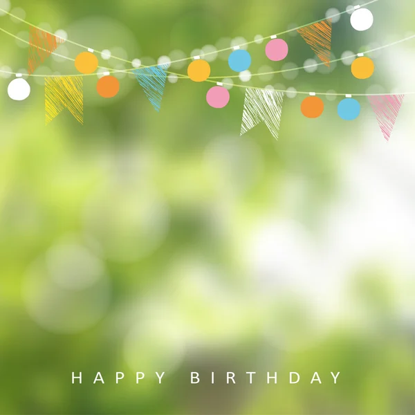 Birthday garden party or Brazilian june party, vector illustration with garland of lights, party flags, blurred background